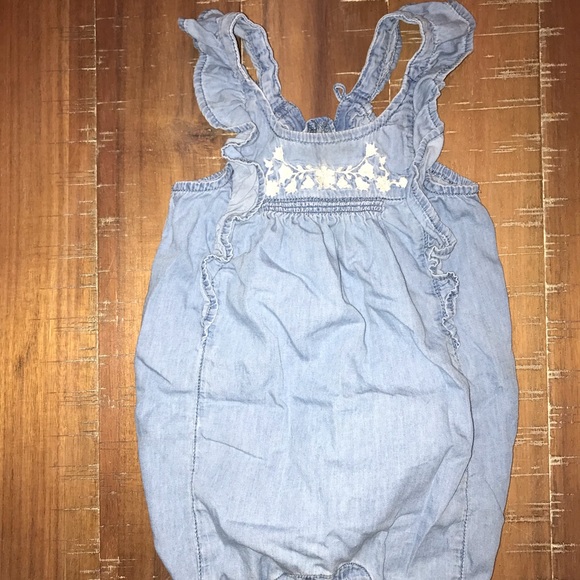 6-12 mo chambray romper with ivory embroidery - Picture 1 of 3